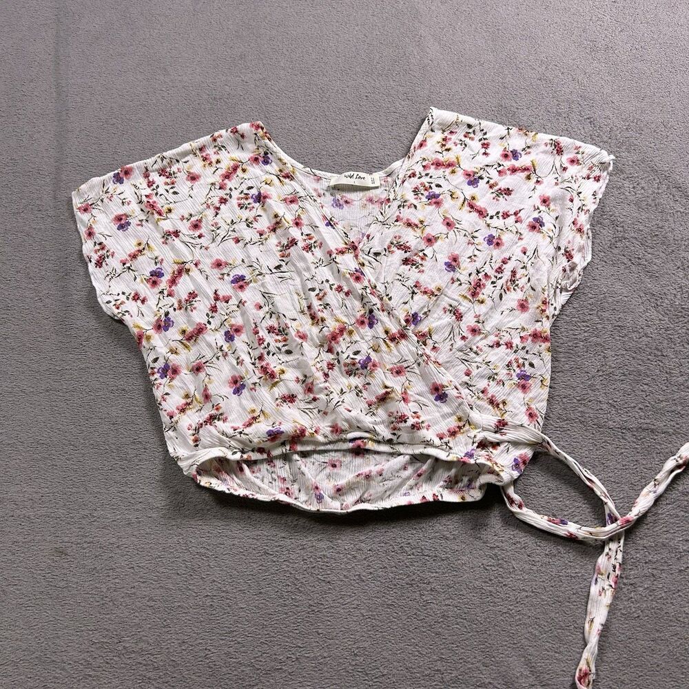 Wild Love Wrap Crop Top Women's L Ditsy Floral Tie Side Boho Blouse Rayon
